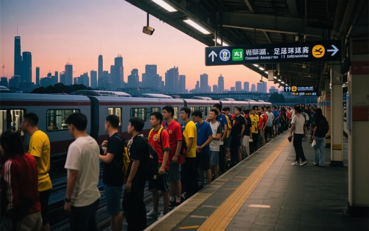 比赛日城市公共交通场景：球迷在地铁/轻轨站台有序进出